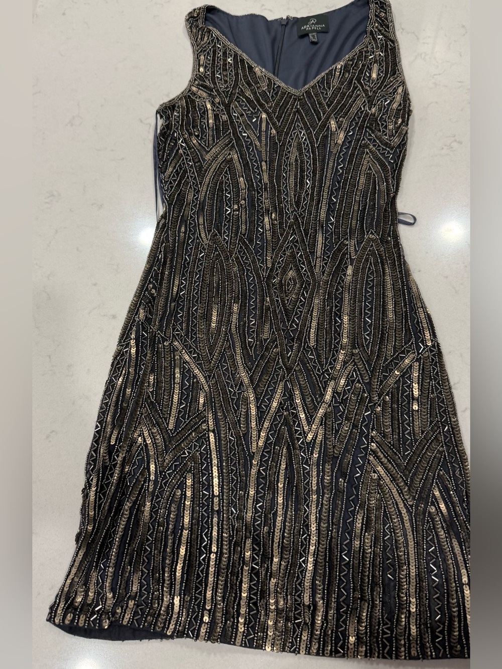 Adrianna Papell Black Dress with Gold Beaded Art Deco Detail